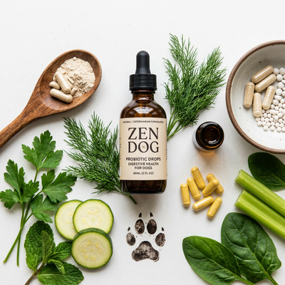 Zen Dog Probiotic Drops - Natural ingredients flat lay